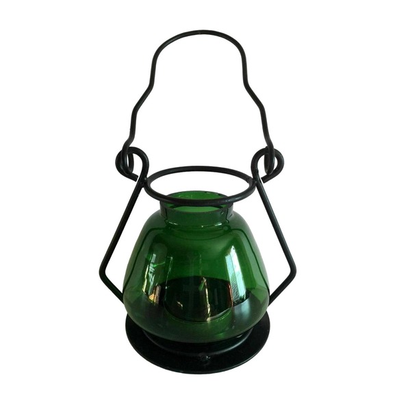 Hanging Tea Light Holder Green Art Glass Balloon Candle Holder Metal Wire Base - Picture 1 of 6